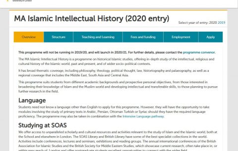 SOAS MA Islamic Intellectual History (2020 entry)