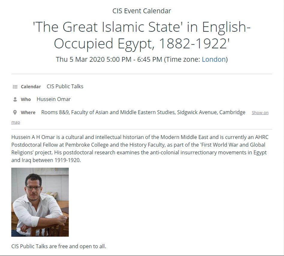 Lecture: The Great Islamic State' in English-Occupied Egypt, 1882-1922'