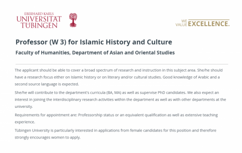 Professor (W 3) for Islamic History and Culture