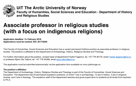 Associate Professor in Religious Studies (with a Focus on Indigenous Religions)