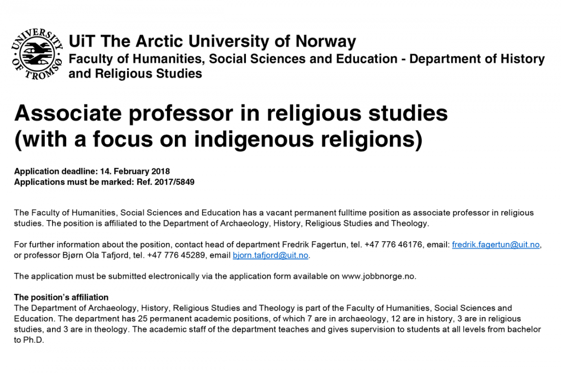Associate Professor in Religious Studies (with a Focus on Indigenous Religions)